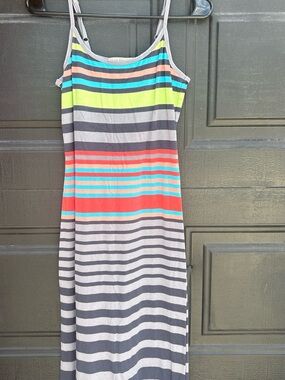 Vintage Striped Maxi Dress in Gray, Coral, Turquoise, Lime